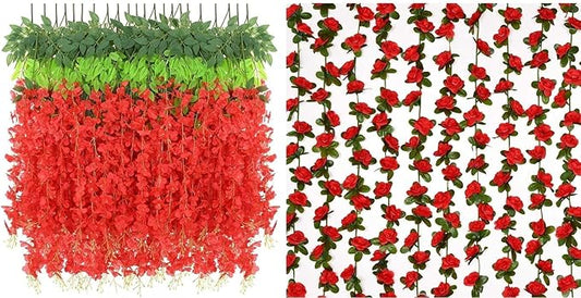 BLEUM CADE 10 Pcs Red Wisteria Hanging Flowers, 3.6Ft/Pcs Fake Wisteria Flowers and 12Pcs 98.4Ft Flower Garland Artificial Rose Vines for Bedroom