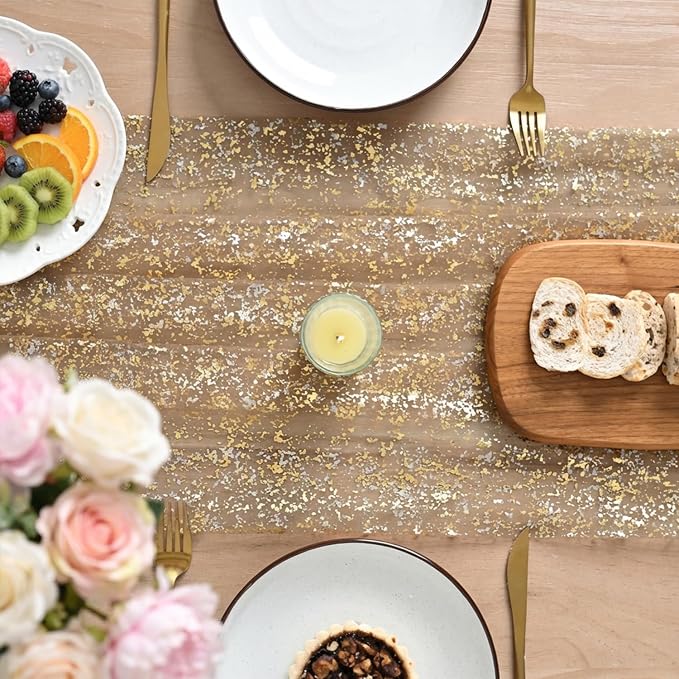 Artoid Mode 6PC Coffee Gold Gauze Table Runner 120 Inch 10FT, Glitter Metallic Foil Sheer Dining Wedding Anniversary Holiday Birthday Table Decor for Home Party