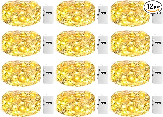 12 Pack Fairy Lights with Timer Battery Operated, 3 Modes 7ft Mini Twinkle Lights Waterproof, 20 LED Bulk String Light for Mason Jars Christmas Decoration Wedding Table Centerpieces,Warm White