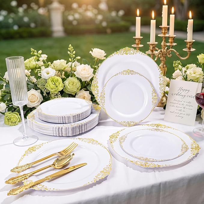 200PCS White and Gold Plastic Plates - Gold Disposable Plates - Gorgeous Wedding Plate 10inch Dinner & 7.25inch Dessert Plate for 100 Guests for Wedding & Party