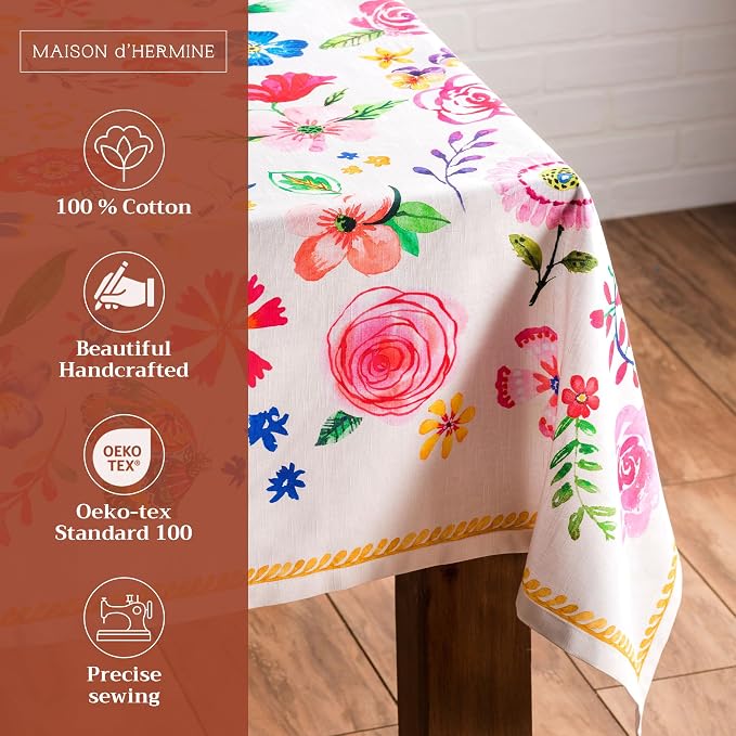 Maison d' Hermine Table Cloth Rectangle Table 100% Cotton 70 x 120 Inches Tablecloth Reusable Decorative for Dining Kitchen Room Farmhouse Party Hotel Restaurant Spring Summer - Happy Florals - Sweety