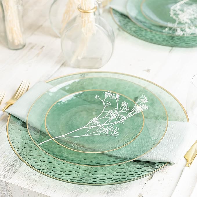 PLASTICPRO 32 Piece Combo Plates Set includes 16-7'' inch Plate & 16-10'' inch Plates Green Hammered Plastic Party Dish Premium ST patricks day Party Dishes