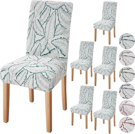 Fuloon Chair Covers for Dining Room 6 Pack, Solid Stretch Dining Slipcovers, Jacquard Washable Kitchen Slip Covers for Parson Chair, Reed Jacquard Green, Set of 6