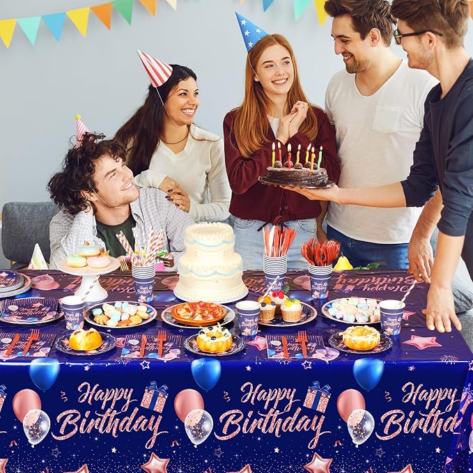 Norme 176 Pcs Navy Blue and Rose Gold Birthday Tableware Set for Women Birthday Decoration Includes Tablecloth Paper Plates Napkins Paper Cups Forks Knifes Straws for 25 Guests Party Supplies (Bright)