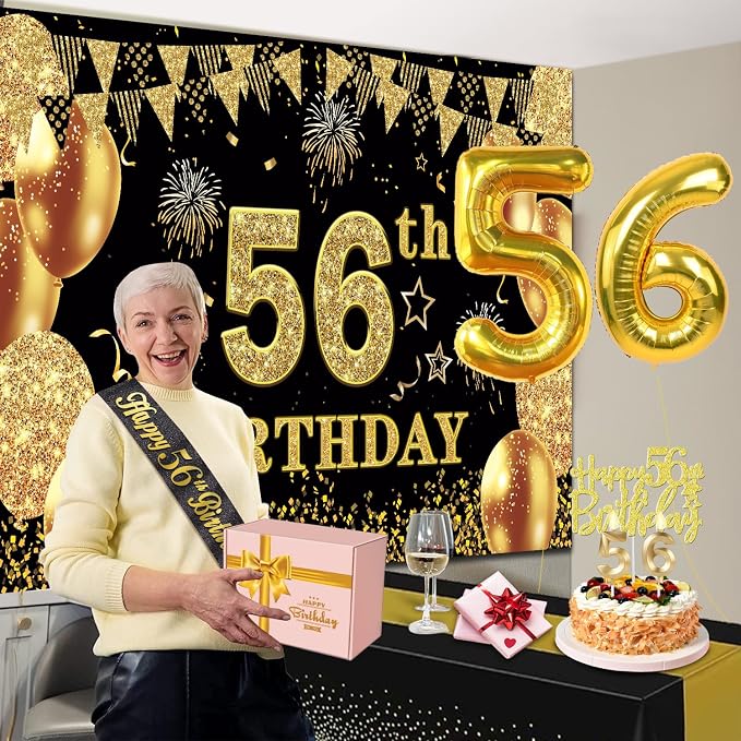 56th Birthday Decorations Men Women with 56th Birthday Banner, Black and Gold Table Cloth, Number Balloons, Large Sash, Cake Topper and Candles