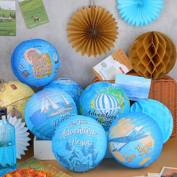 Baquler 18 Pcs Travel Party Party Decoration Around The World Bon Voyage Hanging Paper Lantern Let The Adventure Begin Fans Honeycomb Ball for Birthday Baby Shower Ceiling Decor Supplies