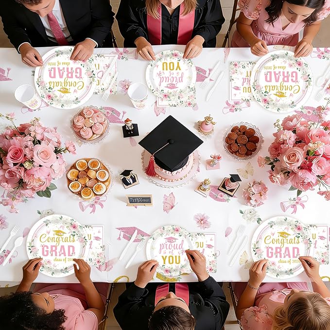 170 Pcs Graduation Party Decorations Class of 2026 Graduation Pink Floral Plates Napkins Cups Forks Knives Spoons Tablecloths for High School College 2026 Pink Grad decorations Serves 24