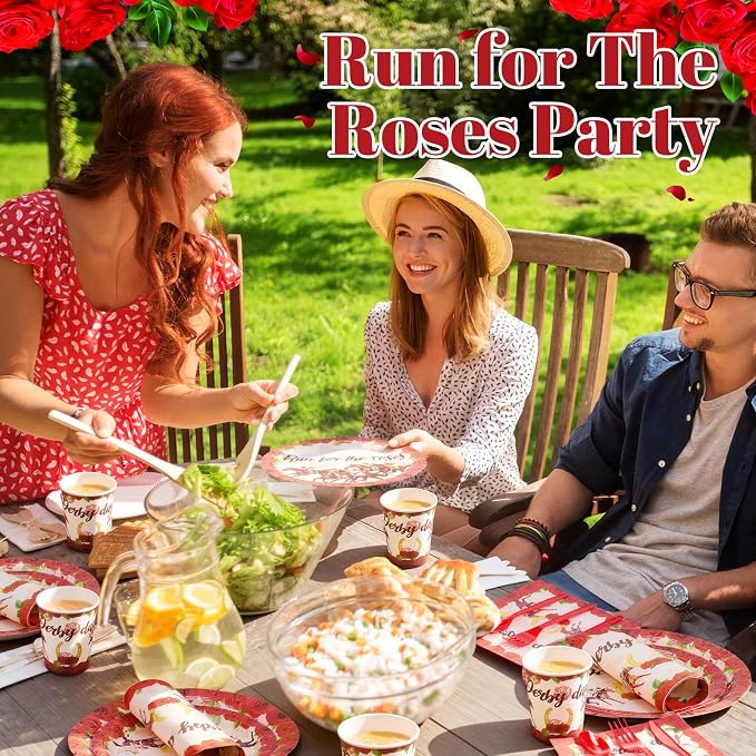 Funnymoom 400 Pcs Derby Run for The Roses Party Supplies, Horse Racing Paper Plates Napkins Cups Cutlery Set, Western Cowboy Disposable Dinnerware for Preakness Party Bridal Shower, Serves 50 Guests