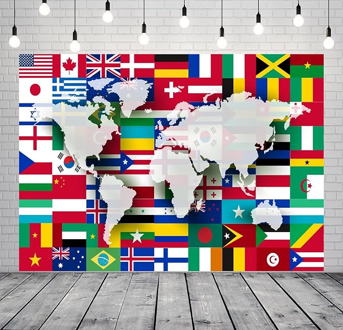 BELECO 15X8ft Fabric World Flags Backdrop World Map International Flag Country Flags Background for Themed Party Decorations Home Decor Photo Booth Studio Props