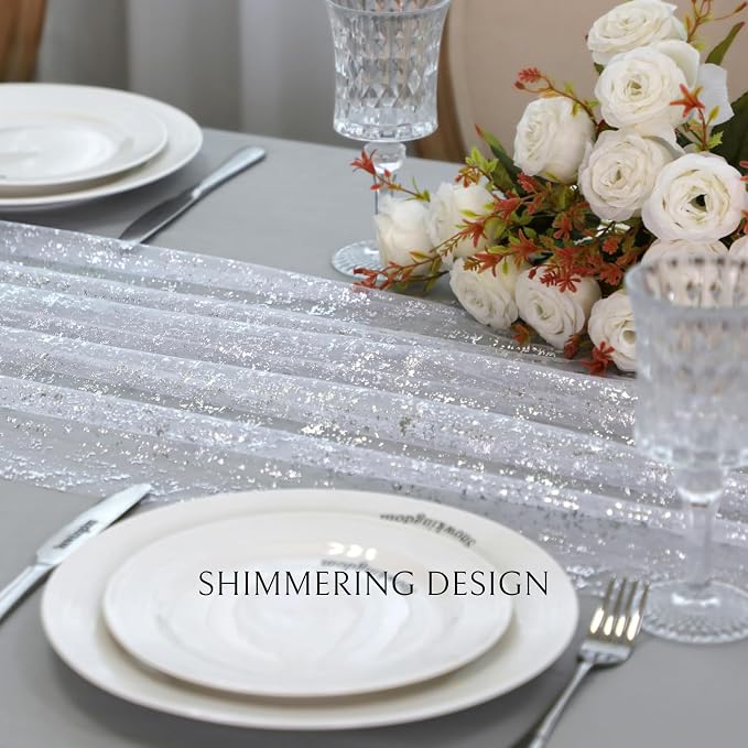 Snowkingdom 10 Pcs 10 FT Silver Table Runners, Sheer Chiffon Gauze Cheesecloth Runner, Sequin Glitter Silver Party Table Decoration Centerpieces for Wedding Christmas Birthday Bridal Baby Shower