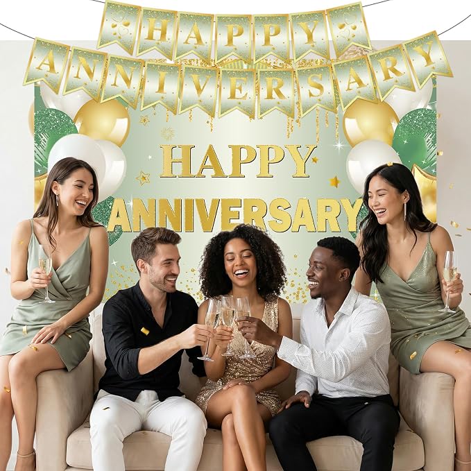 First Wedding Anniversary Decorations, Sage Green Happy Anniversary Banner Anniversary Honeycomb Centerpieces Wedding Party Backdrop for Marriage Celebrations Surprise Events Party Supplies