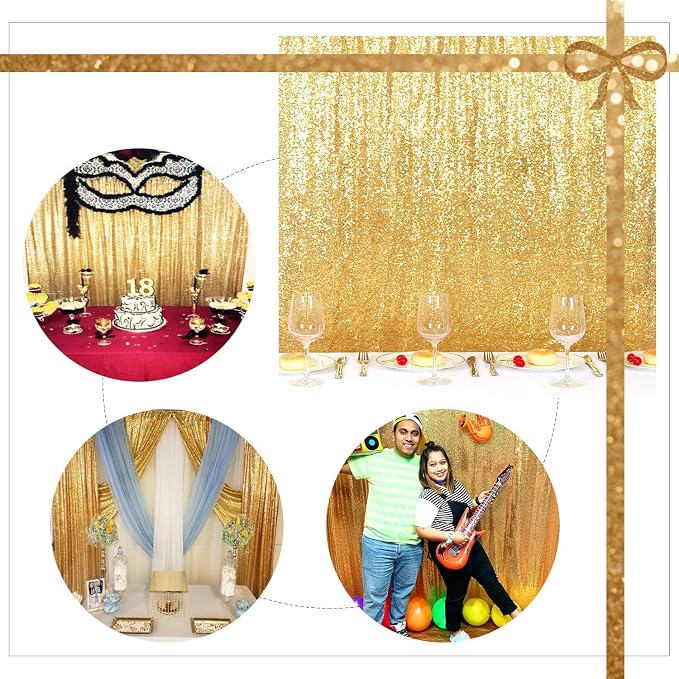 Gold Sequin Backdrop 8FTx8FT NO See-Through Photobooth Backdrop Curtains for Birthday, Party, Wedding Decoration