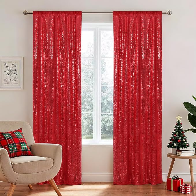 SquarePie 2 PCS 2x8ft Red Sequin Backdrop Curtains, Satin-Backed Shimmering Photo Booth Background, 2 Panels Narrow Real Sequin Drapes with 4" Rod Pocket for Party, Baby Shower, Doorway Decor