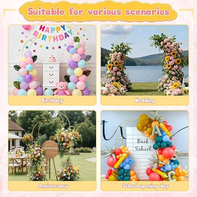 Metal Arch Backdrop Stand, Gold Curved Top Wedding Arch Set of 2 (6.85 FT/6.5 FT) Half Moon Wedding Arches Frames for Ceremony, Baby Shower,Birthday Party, Anniversary Graduation Decorations