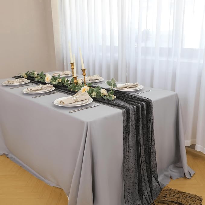 Snowkingdom Black Table Runner, 10FT Sheer Tulle Gauze Metallic Mesh Foil Table Decoration for Halloween, Thanksgiving, Party, and Christmas, Bridal, Baby Shower