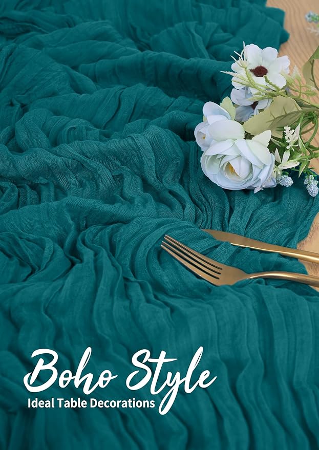 10 Pack Cheesecloth Table Runner Teal, Rustic Boho Gauze Fabric Table Runner Romantic Table Runner for Wedding, Festival, Birthday, Anniversary, Dinner and Outdoor Events (17.7 x 108 inch)
