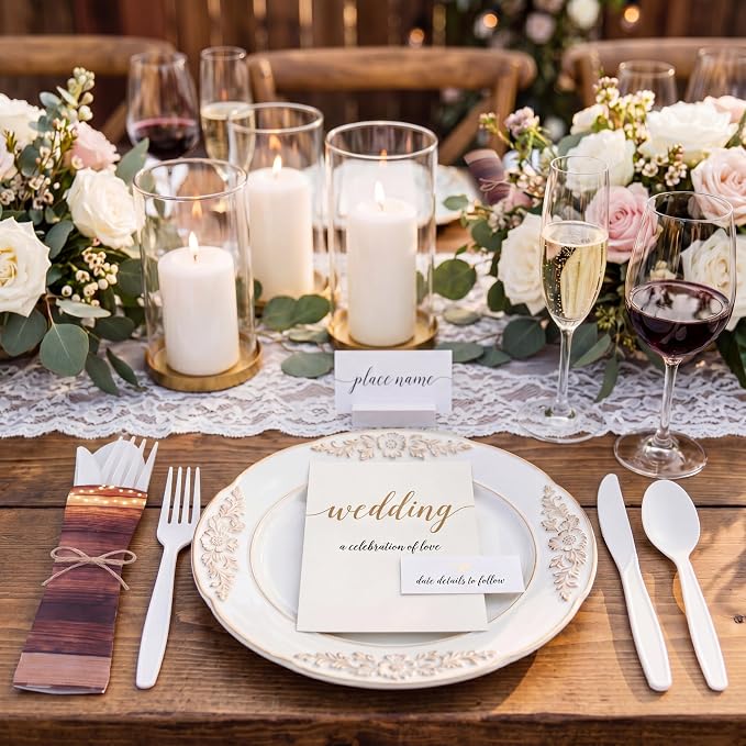200 Pcs Rustic Wood Grain Wedding Supplies Biodegradable Disposable Tableware Set for 50 Guests Knives Spoon Fork Paper Napkins for Bridal Shower Camping Birthday Forest Themed Party