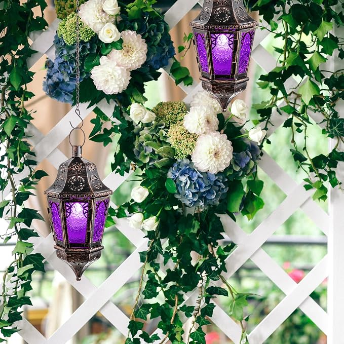 Moroccan Decorations Indoor, 13.6’’ Lantern Decorative Outdoor, Halloween Style Hanging Lantern with Chain for Home Porch Patio Decor, Vintage Metal Christmas Ramadan Candle Holders(Purple)