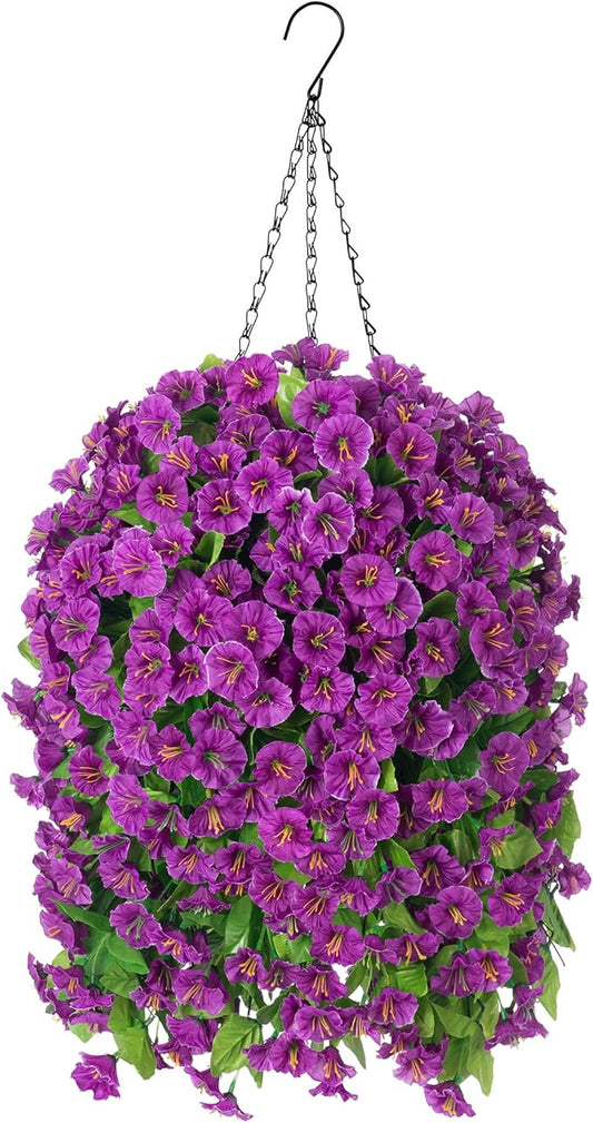 Ammyoo Artificial Faux Hanging Flowers Basket for Spring Summer Outdoor Porch Decor, Fake Silk Colorful Morning Glory Eucalyptus in Planter UV Resistant Look Real for Home Balcony Yard(Darkorchid)