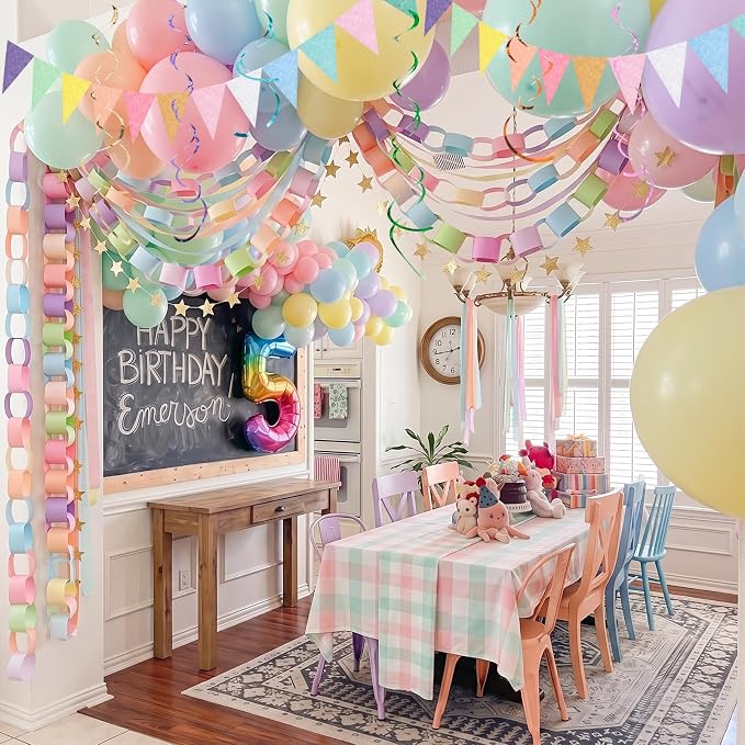 TaoBary Birthday Party Decor Kit 600 Sheet Paper Chain Garland Strips 656ft Crepe Paper 52ft Star Garland 52ft Felt Pennant Flag Pastel Ceiling Swirls 50 Balloons for DIY Birthday Wedding Party