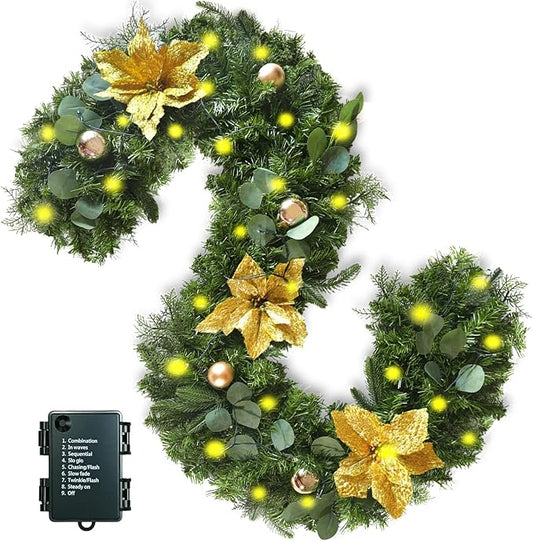 6FT Christmas Garland with Lights, Realistic Artificial Ornament Garland with Christmas Balls and Flowers for Holiday Mantle Stairs Door Outdoor Decor, Gold