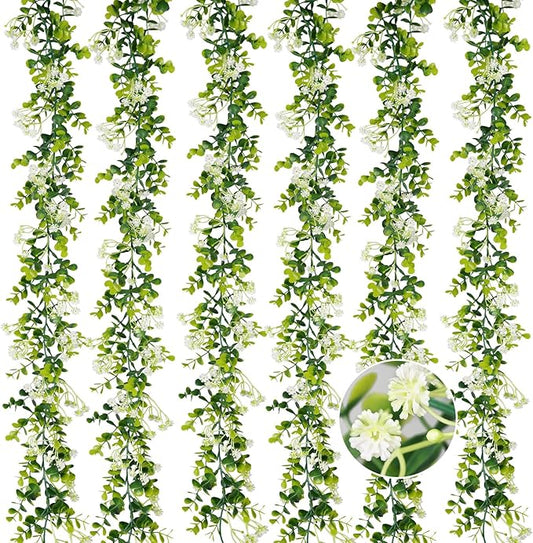 6FT Eucalyptus Garland with Flowers, 6 Pack Artificial Greenery Garland Hanging Spring Eucalyptus Garland Suitable for Table Wedding Backdrop Arch Wall Party UV Protected Indoor Outdoor Decor