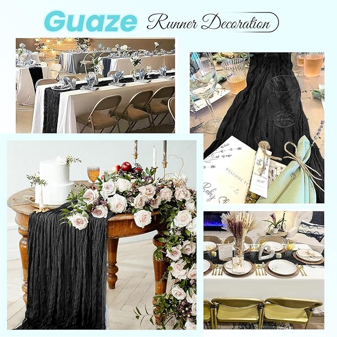 16 Pack Black Cheesecloth Table Runner 20 x 120 inch Gauze Table Runners 10 FT Long,Semi Sheer Boho Cheese Cloth Fabric Table Runner Bulk for Wedding,Party,Baby Shower,Bridal Shower Decoration