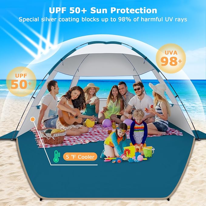 COMMOUDS Beach Tent Sun Shelter for 3/4/6/8 Person, UPF 50+ UV Protection Beach Shade Canopy Tent, Lightweight, Easy Set Up and Carry