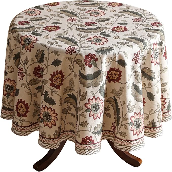 ISAENNE Designer Vintage Linen Round Tablecloth,Diameter 55"-Ratina | French Elegant Beautiful Durable Printed Table Cloth,Floral Pattern,Decoration,Heavyweight,Dining,Kitchen,Thanksgiving