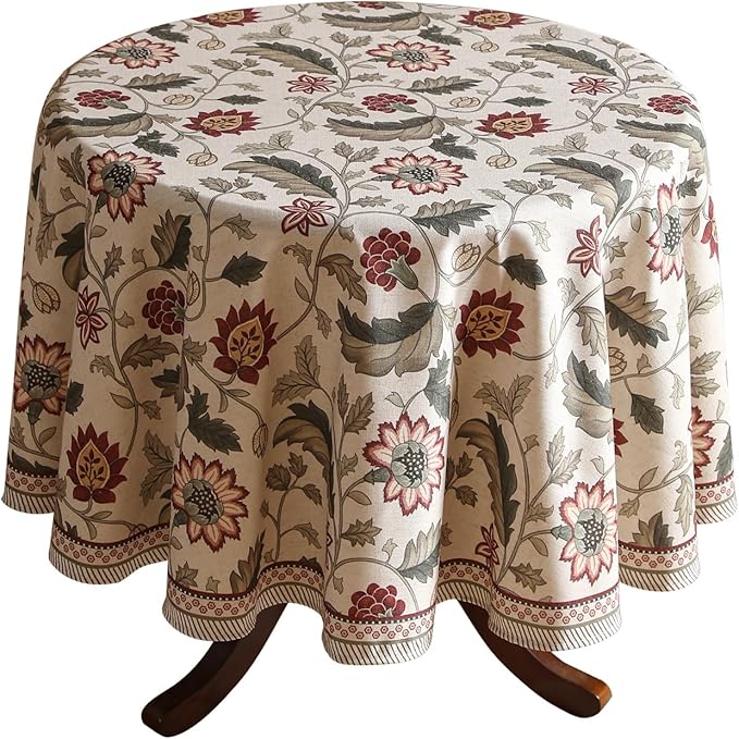 ISAENNE Designer Vintage Linen Round Tablecloth,Diameter 67"-Ratina | French Elegant Beautiful Durable Printed Table Cloth,Floral Pattern,Decoration,Heavyweight,Dining,Kitchen,Thanksgiving
