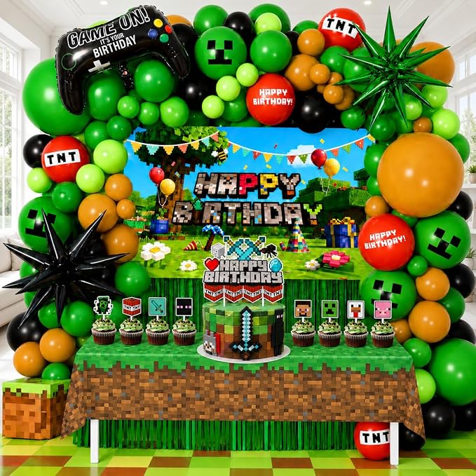 Pixel Game Birthday Party Decorations, “Game On” Pixel Theme Party Supplies Kit for Boys & Girls —131 Pcs Balloons, Backdrop, Curtain, Table Cover, Cake Toppers