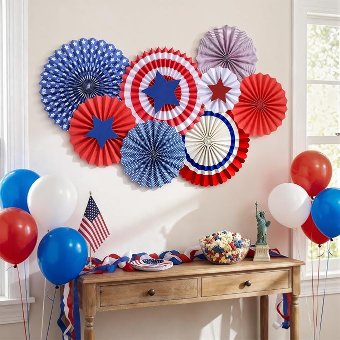 Tinlade 31 Pcs 4th of July Patriotic Decorations Red White Blue Hanging Paper Fans Porch Door Decor for 250 Anniversary Fourth of July Memorial Day USA Independence Day American Party Supplies