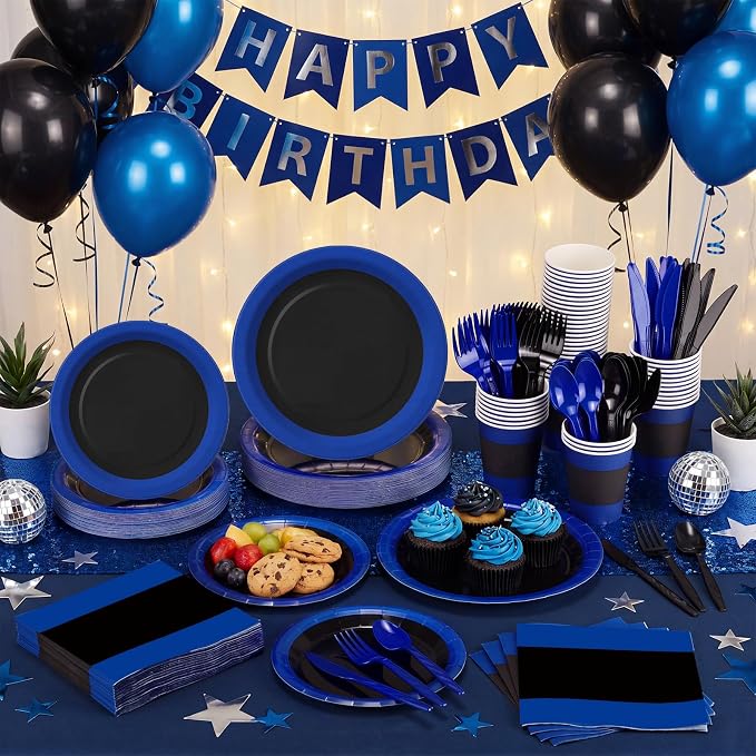 400 Pcs Black and Blue Birthday Party Decoration for 50, Blue Black Paper Plates Napkins Cups Tablecloth Cutlery Disposable Tableware Set for Police Bachelor Birthday Party Supplies