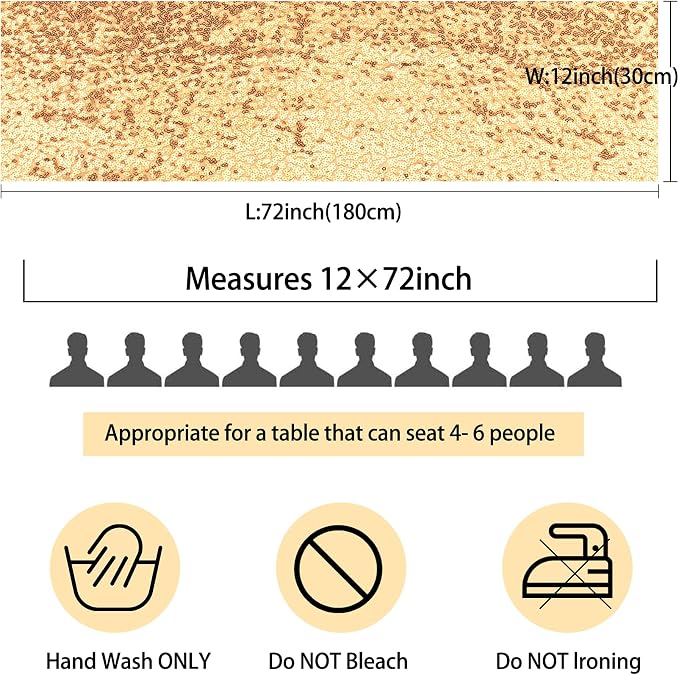 12 Packs 12 X 72 Inch Sequin Table Runner Glitter Dining Table Runner for Birthday Wedding Engagement Bridal Baby Shower Bachelorette Holiday Celebration Party Supplies Decorations (Champagne Gold)