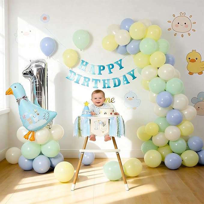 One Funny Goose High Chair Banner for Boys - Blue 1st Birthday Yarn Tassel Banner, Cute Goose Theme Decor for Boys' First Birthday Party