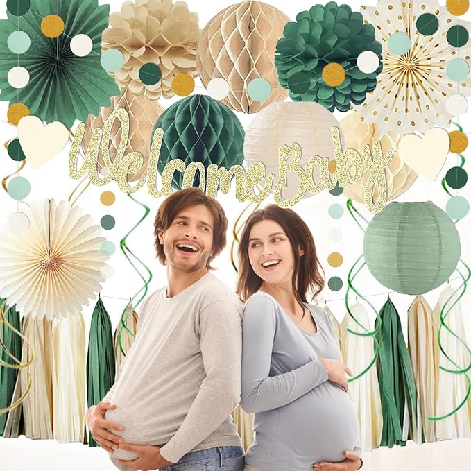 Sage Green Baby Shower Decorations Boys Safari Welcome Baby Sign Olive Green Paper Flowers Honeycomb Balls Lanterns Fans Hanging Swirls Tassel Garlands for Baby Gender Reveal Party Décor