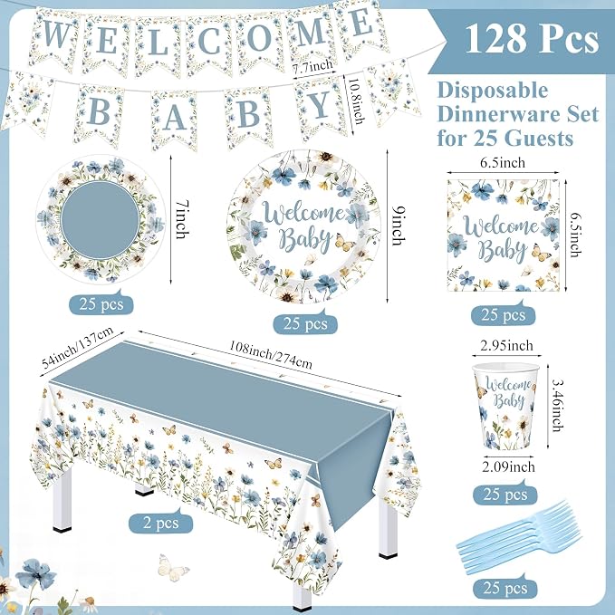 LemonRoad 128 Pcs Blue Floral Baby Boy Shower Party Decorations for 25 Guests, Wildflower Welcome Baby Shower Paper Plates Napkins Cups Tablecloth Forks Banner for Spring Gender Reveal Party Supplies