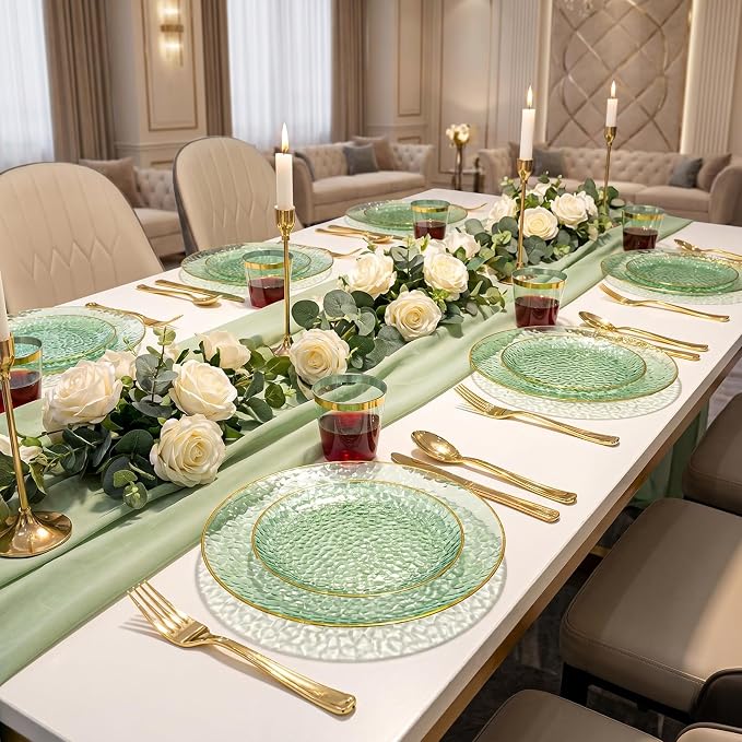 175PCS Green Plastic Plates for 25 Guests, Disposable Plates for Party, Heavy Duty Disposable Plate Set Include: 25 Dinner Plates, 25 Dessert Plates, 25 Cups and Cutlery for Wedding & Party