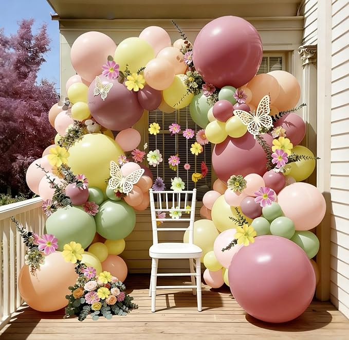 Pastel Pink Yellow Green Balloon Arch with Artificial Flower Double Stuffed Dusty Green Pink Peach Mauve Balloon Garland Kit for Tea Party Wildflower Spring Birthday Baby Shower Fairy Party Decor