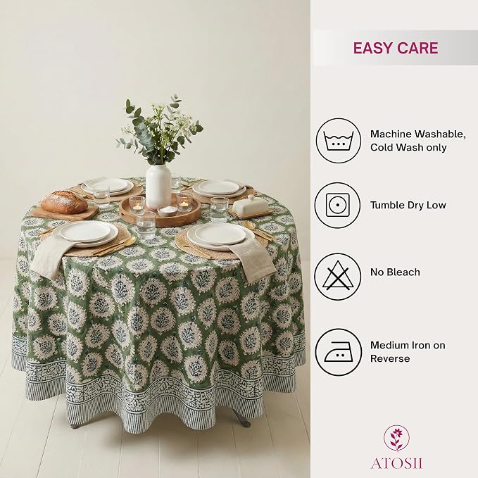 ATOSII Kari Green 100% Cotton Round Boho Spring Summer Tablecloth, Block Print Floral Table Cloth Linen for Dining, Parties, Weddings, OutdoorsI Home Table Decor 90" Inches Round