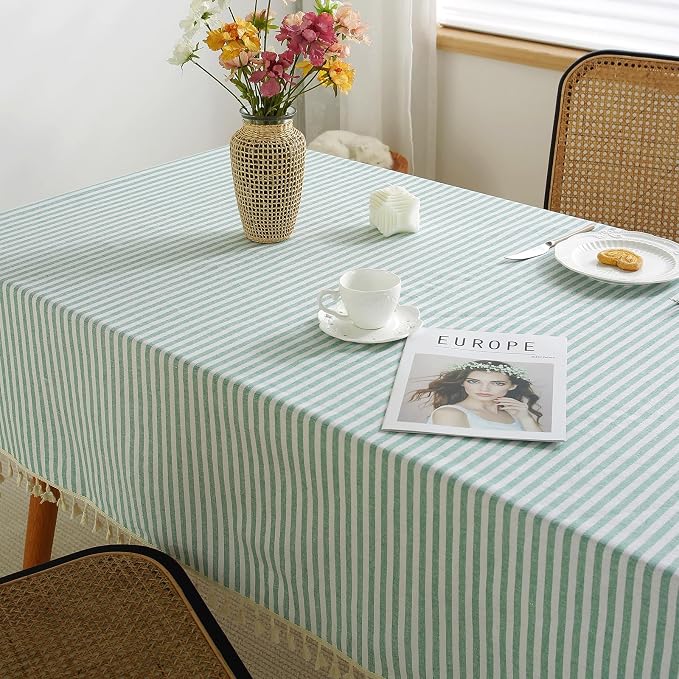 meioro Striped Tablecloth Rectangle Tablecloths Cotton Blend Table Cloth Washable Tabletop Decorative Fabric Table Cover for Kitchen Dinning (Green, 60 x 120 Inch)