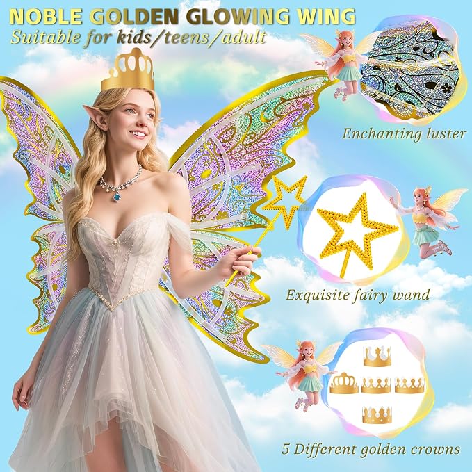 maysida Gold Fairy Wings for Kids and Girls, Light-up Electric Sparkling Wings Princess Halloween Set with Wand, Crown, Butterfly Wings – Ideal for Cosplay, Party, Birthday, Christmas