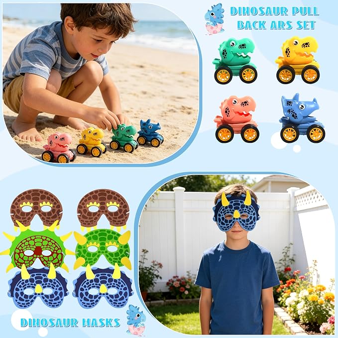 Dinosaur Party Favors,12 packs Dino Birthday Decorations with stickers mask car painting,Dinosaur Goody Bags for 3-5 4-7 8-12 Boys Girls Birthday Dino Themed Party Toys Gifts