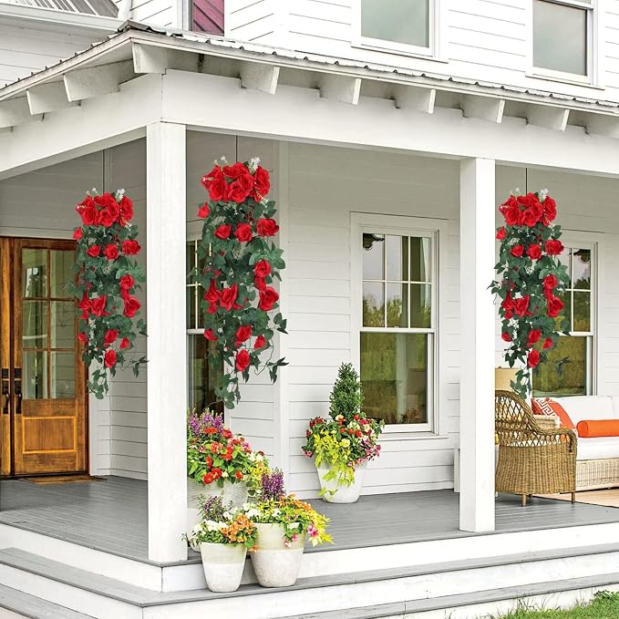 RECUTMS Artificial Red Roses Fake Hanging Flowers Plants, 4PCS 37 Inch Silk Floral Ivy Garland for Indoor Outdoors Home Garden Front Door Porch Wedding Derby Party Arch Valentines Greenery Decor