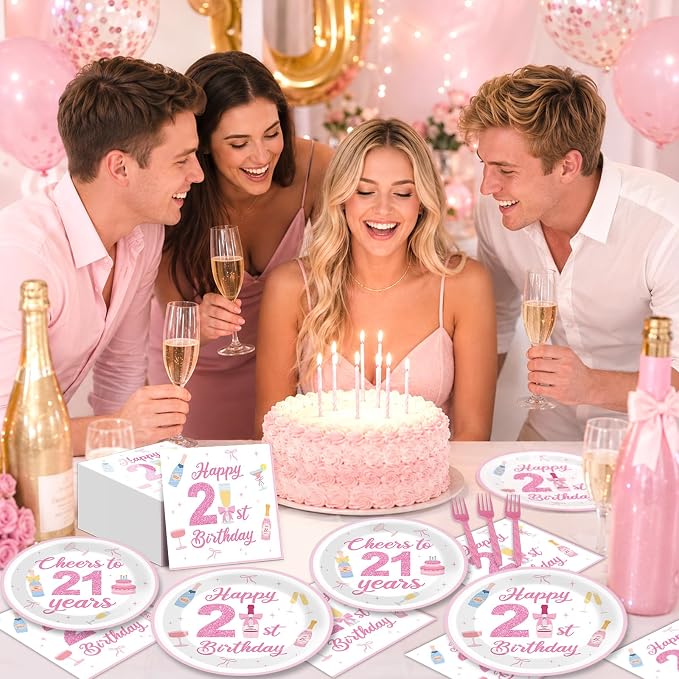 96PCS 21st Champagne Bottle Birthday Decorations Happy 21st Pink Champagne Tableware Set Cheers to 21 Years Paper Plates Napkins for Girls Martini Theme Twenty-One Party Supplies Serve 24 Guests
