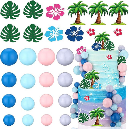 Leinuosen 72 Pcs Cartoon Cake Topper Hawaiian Birthday Cake Decoration with Pink Blue Balls Tropical Flower Decor Hawaiian Theme Birthday Party Supplies