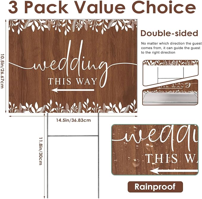 3 Pack 14.5” x 10.5” Wedding This Way Signs Double Sided Printed Wedding Direction Sign with Stakes for Ceremony Reception Lawn Yard Direction Arrow Signs Exquisite Plastic Rainproof Party Supplies,Rustic