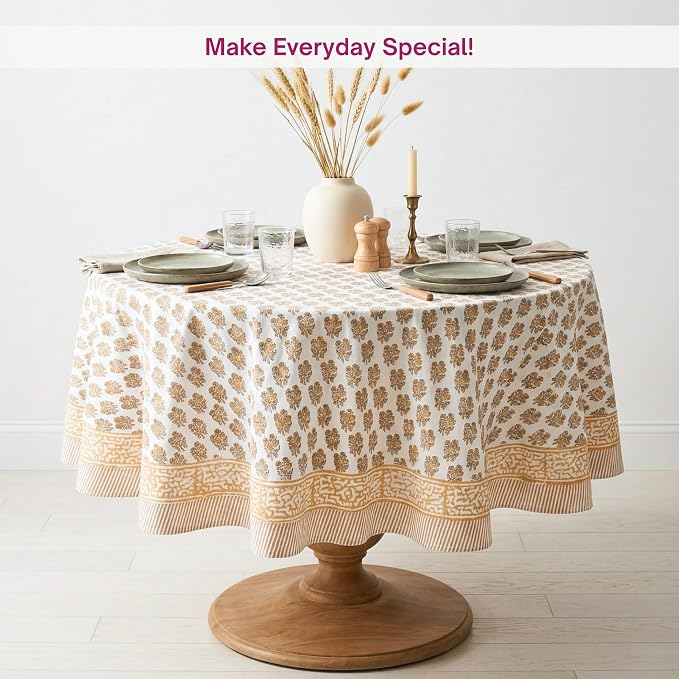 ATOSII Ivy Yellow 100% Cotton Round Boho Fall Tablecloth, Handblock Floral Table Cloth Linen for Kitchen Dining I Parties Weddings Outdoors Picnics Easter Mothers Day I 60" Inches Round I 4 Seater