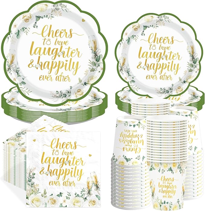 250Pcs Eucalyptus Leaves Bridal Shower Party Supplies Sage Green Cheers to Love Laughter and Happily Ever After Plates and Napkins for Wedding Engagement Party Decorations Serve 50