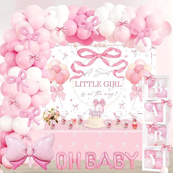 143Pcs Pink Bow Baby Shower Decorations for Girl, Coquette Party Supplies with 5x3ft Backdrop, 4 Baby Boxes with Letters, Balloon Garland Arch Kit, Tablecloth & Cake Toppers for It's a Girl Reveal